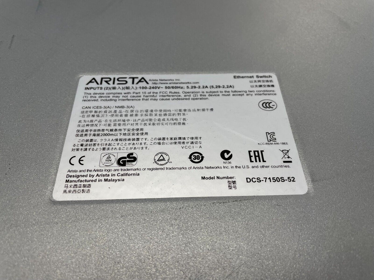 Arista DCS-7150S-52-CL / 52 x 10Gb Port / 2 x AC PSU / SFP Layer 3 Switch